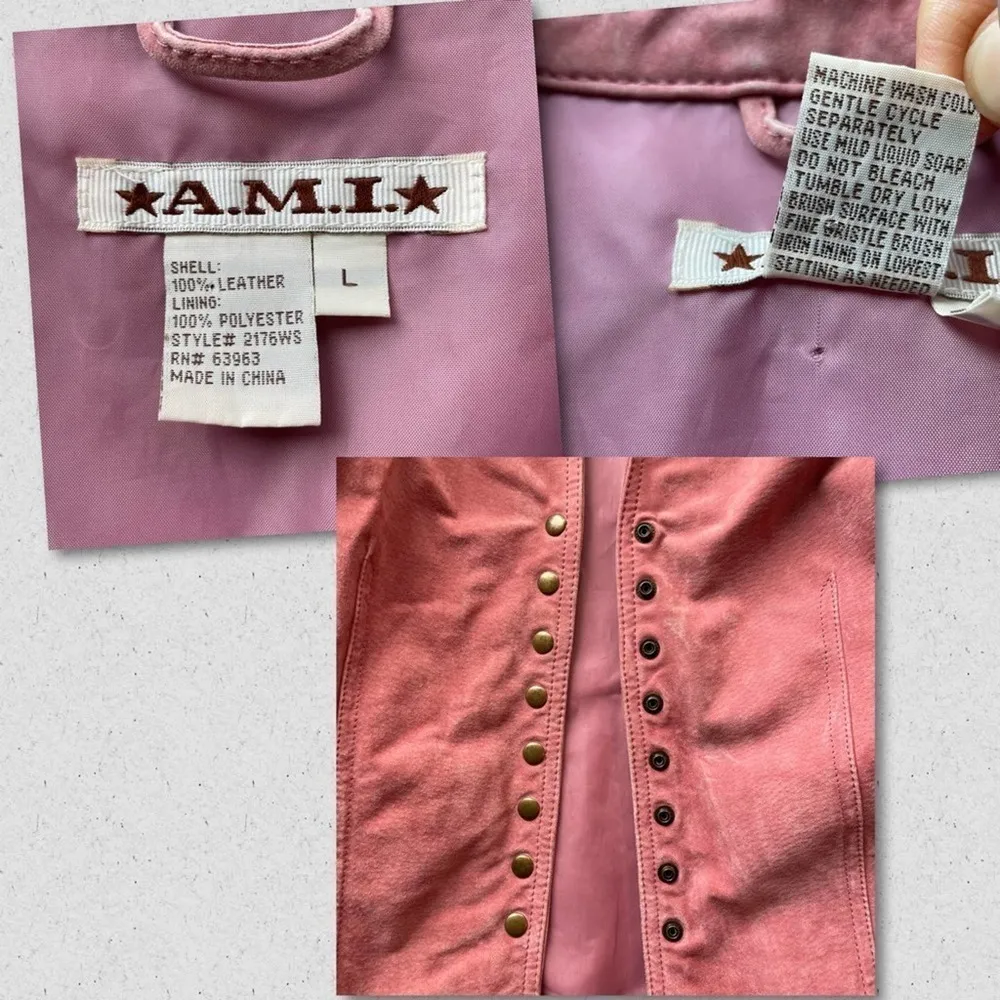 AMI A.M.I leather jacket blazer Pink size Large Snap Button Workwear Barbiecore - Image 5