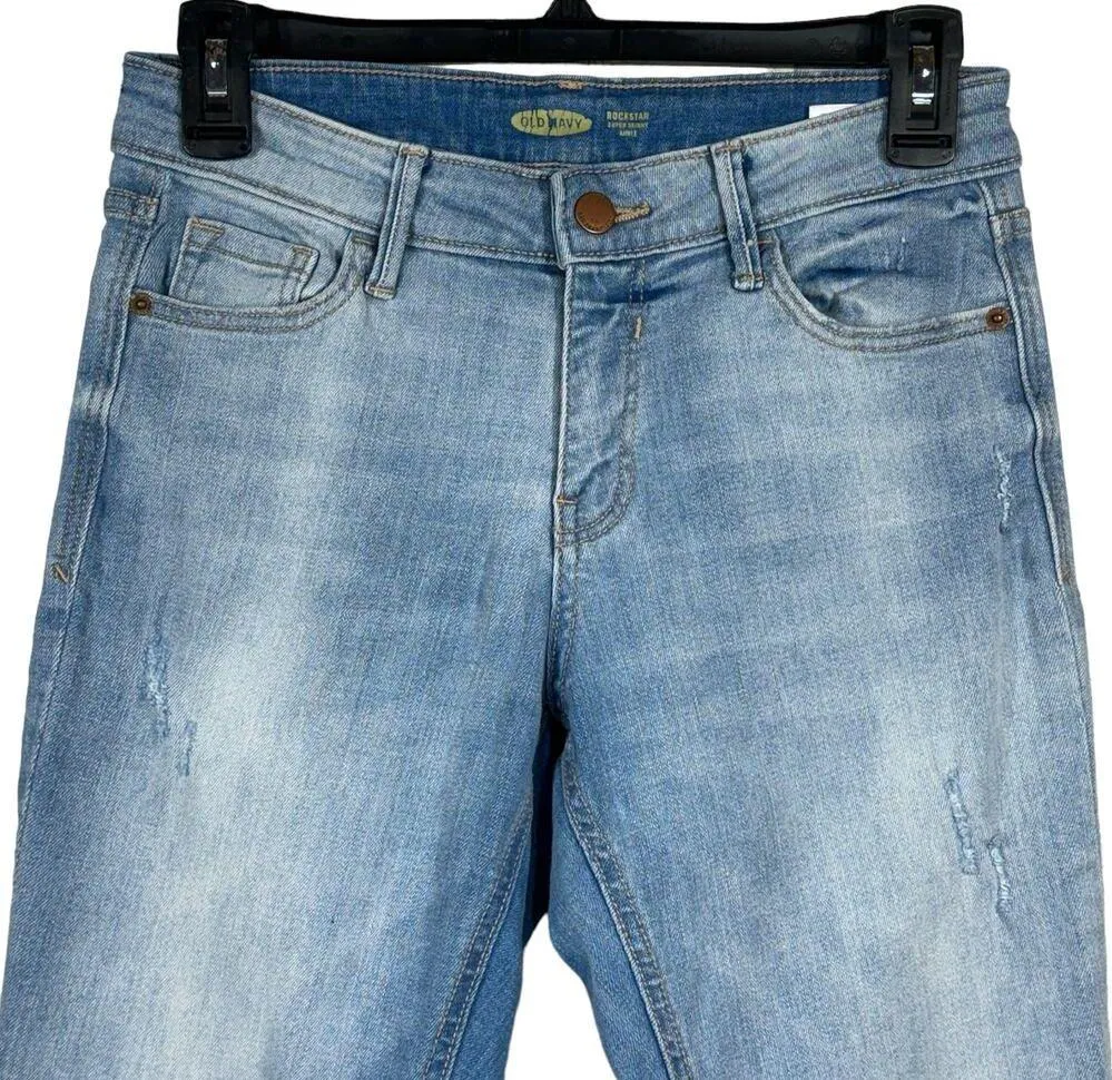 Old Navy SZ 4 Rockstar Jeans Super Skinny Ankle Distressed Stretch Frayed Hems - Image 2
