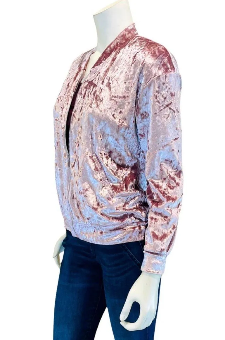 Crushed Pink Velveteen Bomber Jacket - Image 4