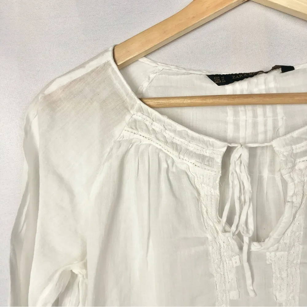 Zara White Round Tie Neck Lightweight 3/4 Long Sleeve Blouse M - Image 3