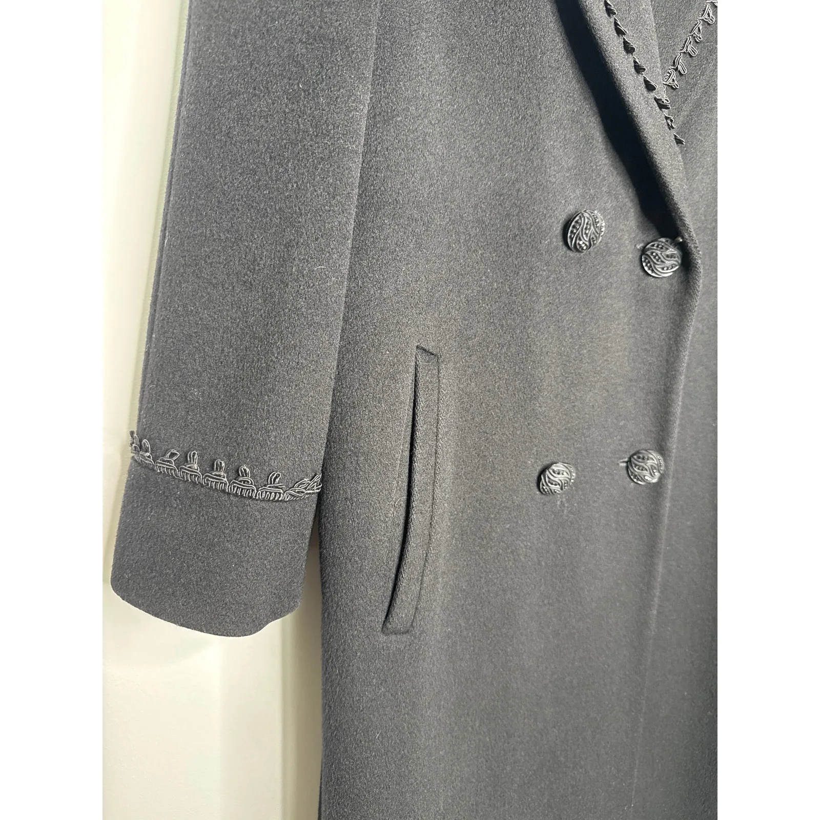 VTG Alorna Black Wool Coat Forstmann Trimmed Shawl Collar double breasted USA M - Image 8