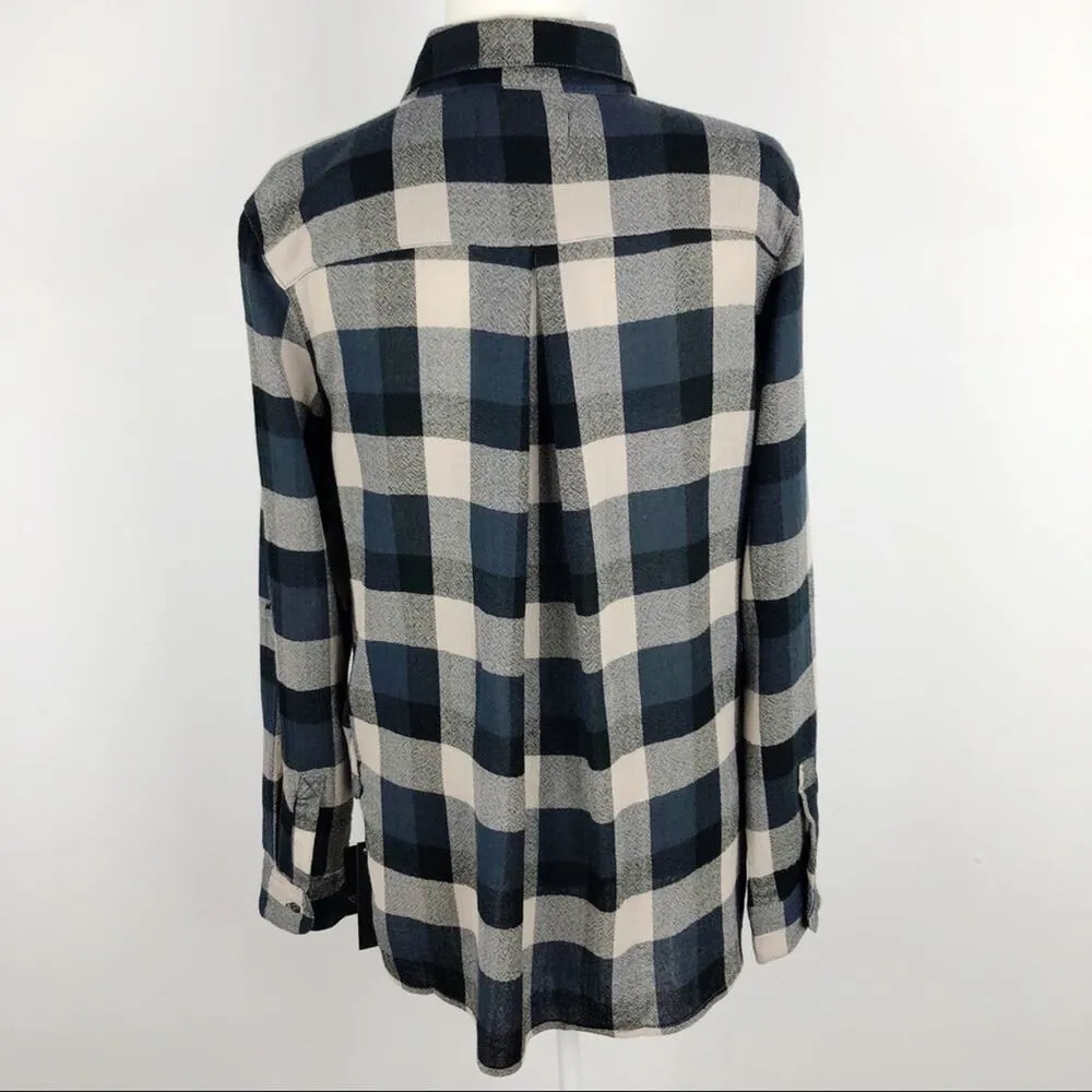 New Blank NYC Plaid Drape Front Faux Wrap Flannel Button Front Shirt Small - Image 7