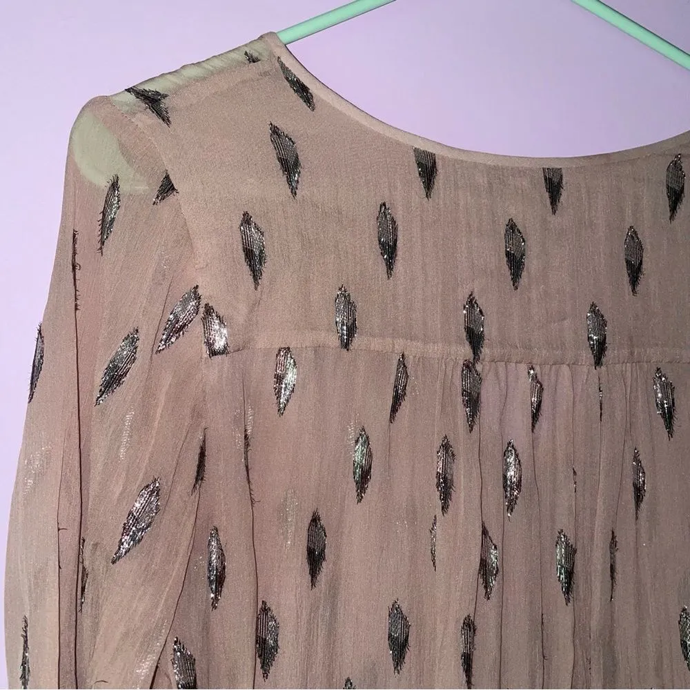 Joie 100% Silk Blouse XS Blush Pink Metallic V Neck Long Sleeve Top - Image 7