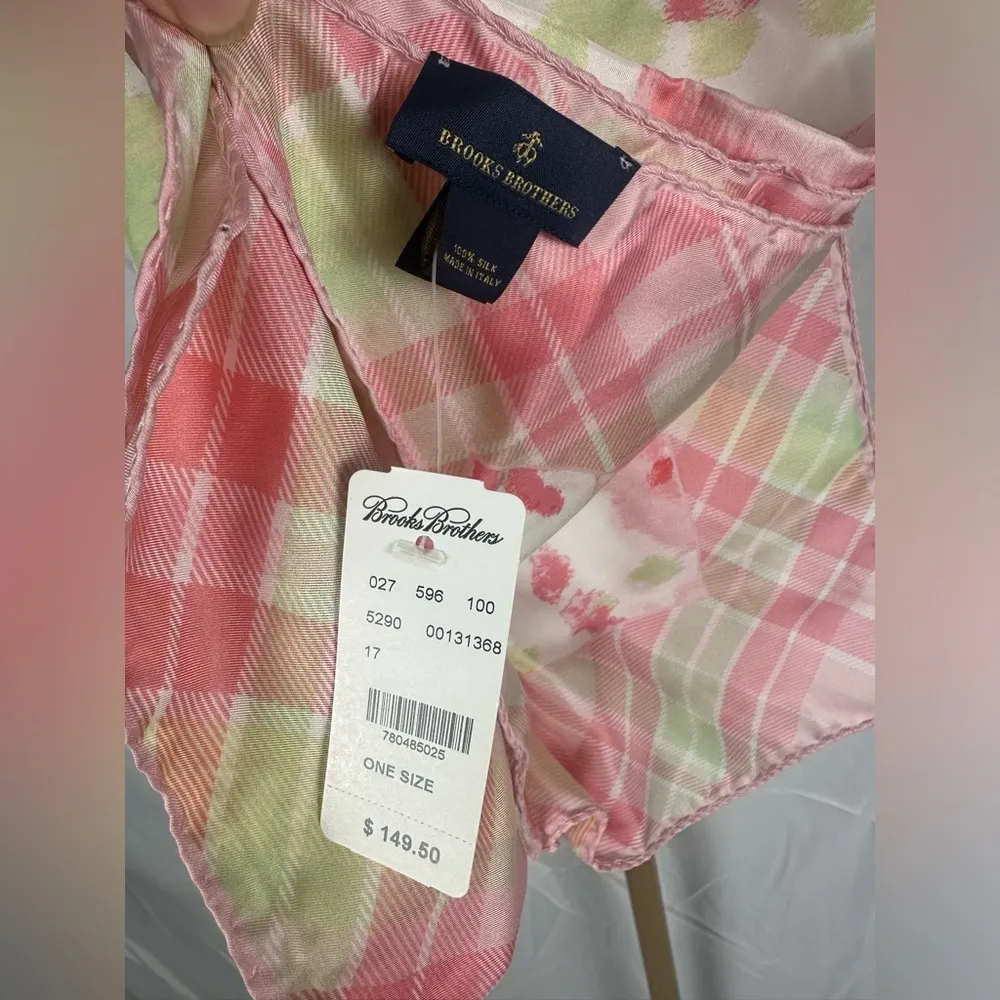 New Plaid Pink Brooks Brothers Floral 100% Large Silk Scarf Made Italy 34x34 - Image 2