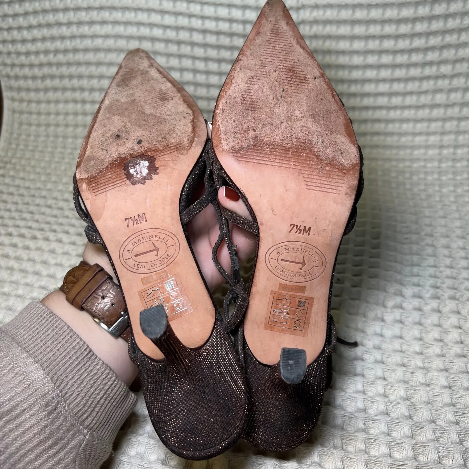 A Marinelli Special Effects Vintage Y2K Women's Bronze Slingback Heels Size 7.5 Brown - Image 6