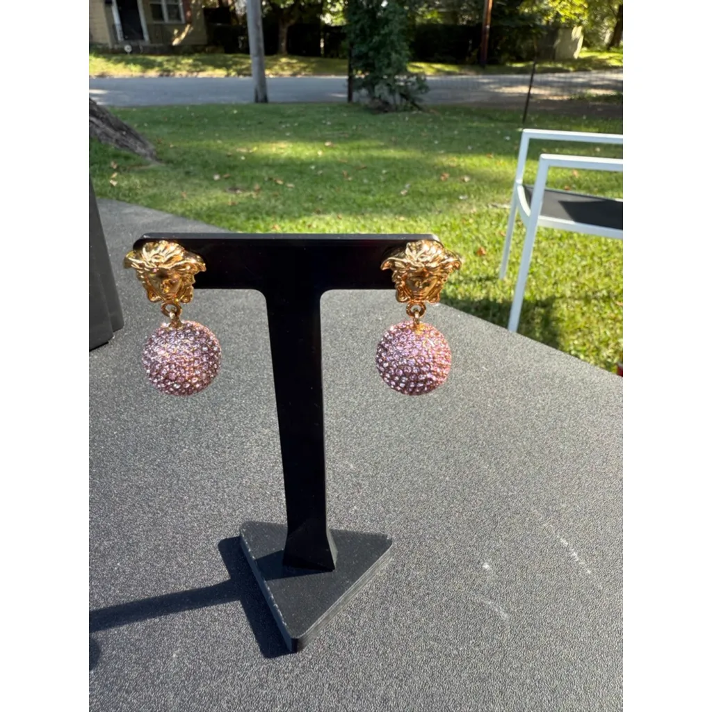 Versace Gold Medusa Pierced Earrings w/Rose Gold Crystal Encrusted Balls - Image 7