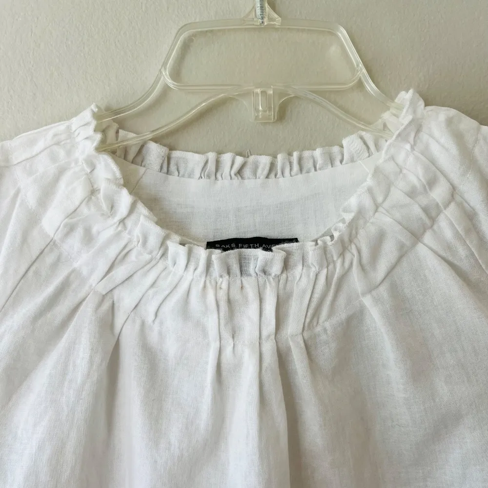 Saks Fifth‎ Avenue Sz S June Puff Sleeve Flare Crop Top Linen Blend Blouse White - Image 5