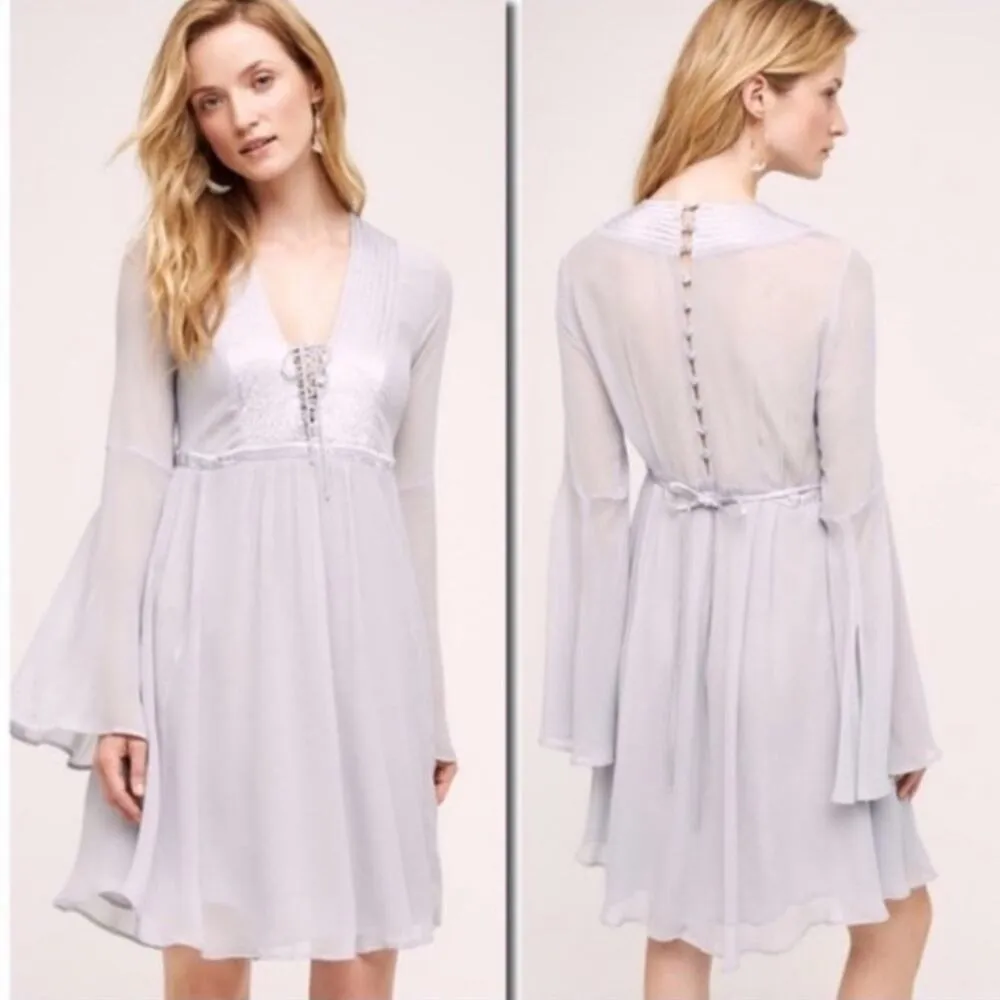 Anthropologie Ghost London Blue Gray Romantic Boho Bell Sleeves Lace-up Dress XS - Image 3