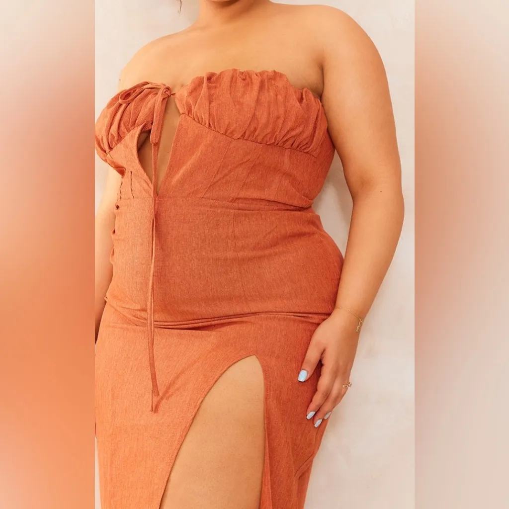 NWT PrettyLittleThing Midi Dress Womens 18 Rust Strapless Slit Event Sexy Boho - Image 2