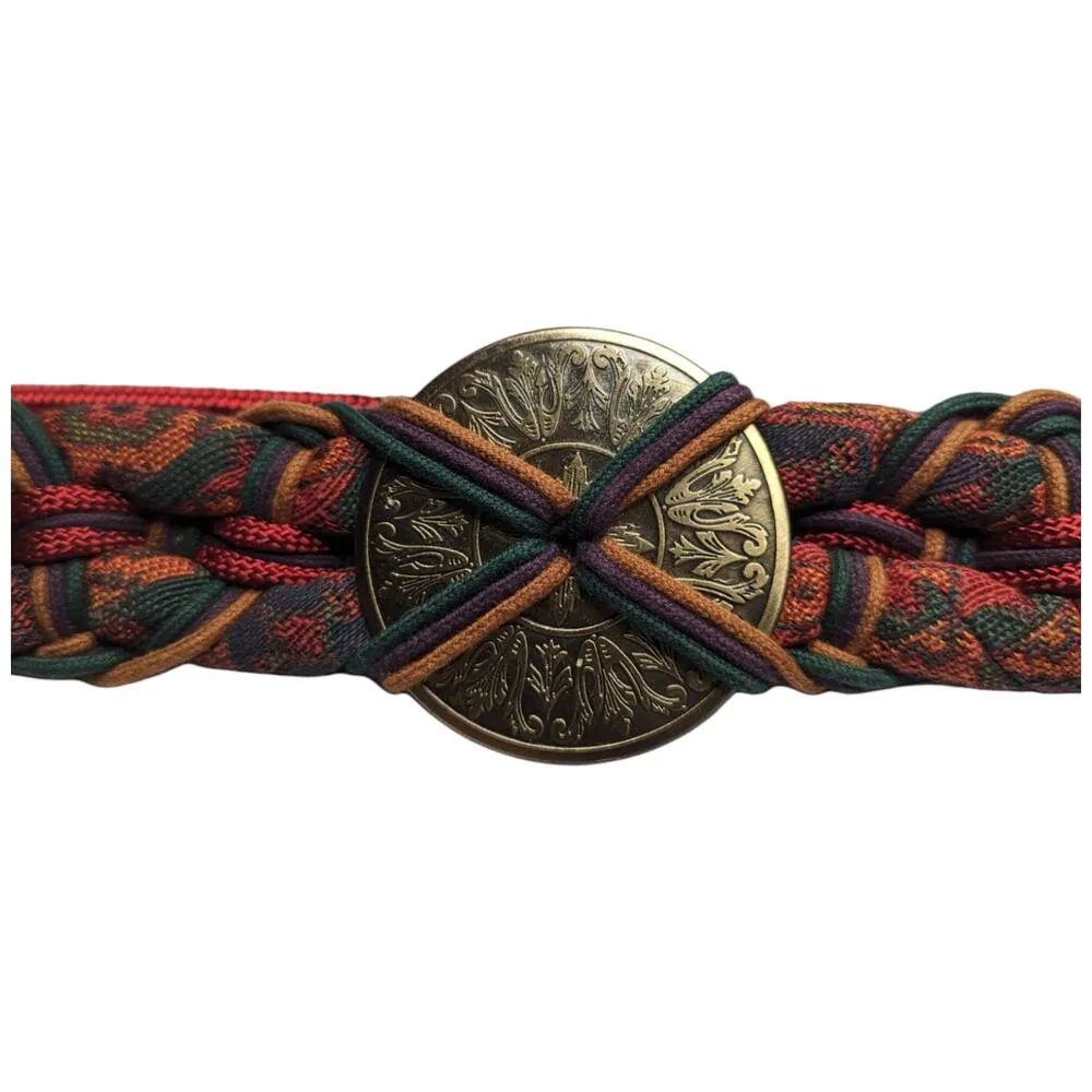 Vtg 1970s Red Teal Braided Rope Brass Buckle Hook Closure Boho Waist Belt 31" - Image 2