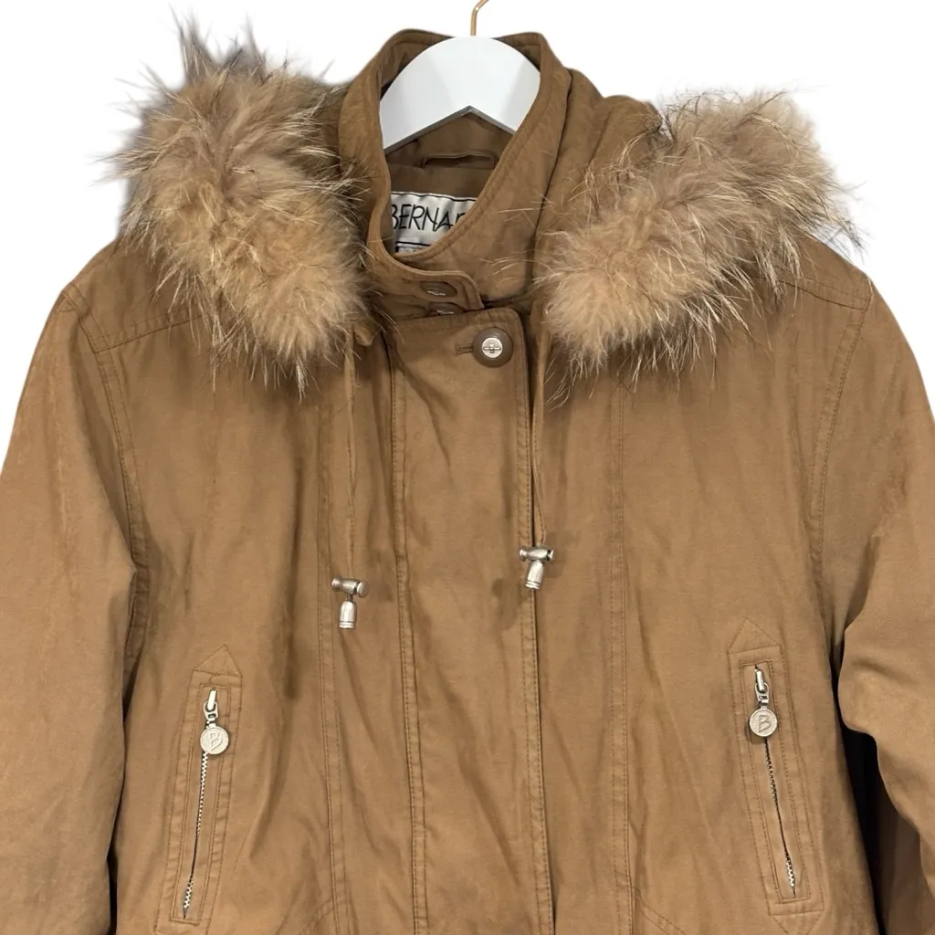 Bernardo Faux Suede Fall Winter Coat Size Small Raccoon Fur Trim Hood Womens - Image 2