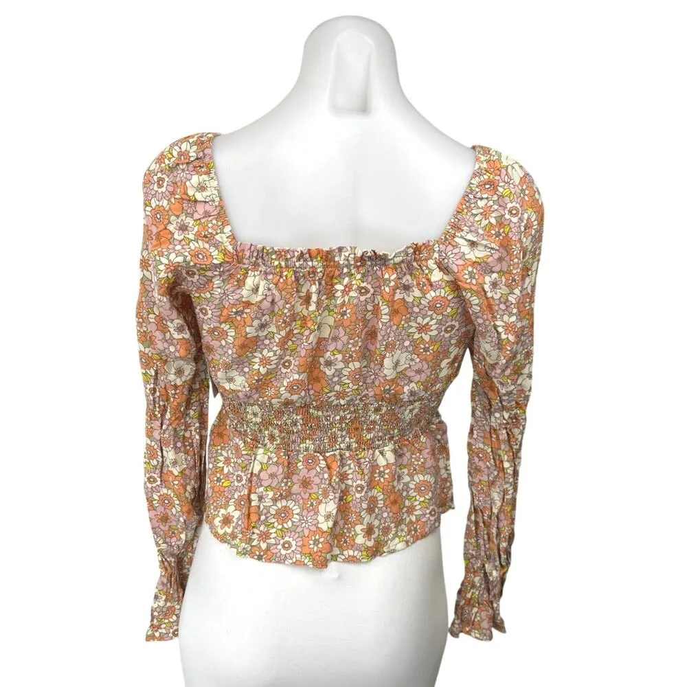 NEW SO Women's Multicolor Floral Long Sleeve Smocked Peplum Crop Blouse Top Sz S - Image 2