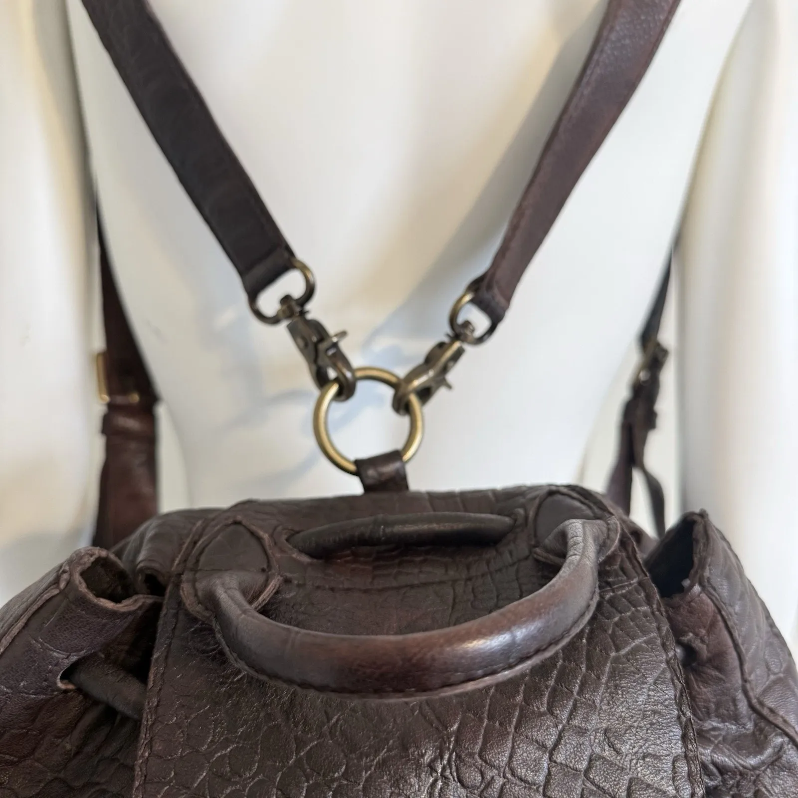 Free People 100%Sheep Leather Backpack Brown Croc Embossed Drawstring Buckle Bag - Image 14