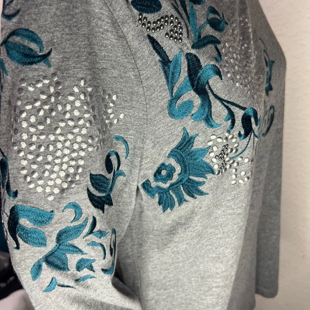 Zenergy Gray & Dark Teal Metallic and Embroidered Embellished Long Sleeve Blouse - Image 7