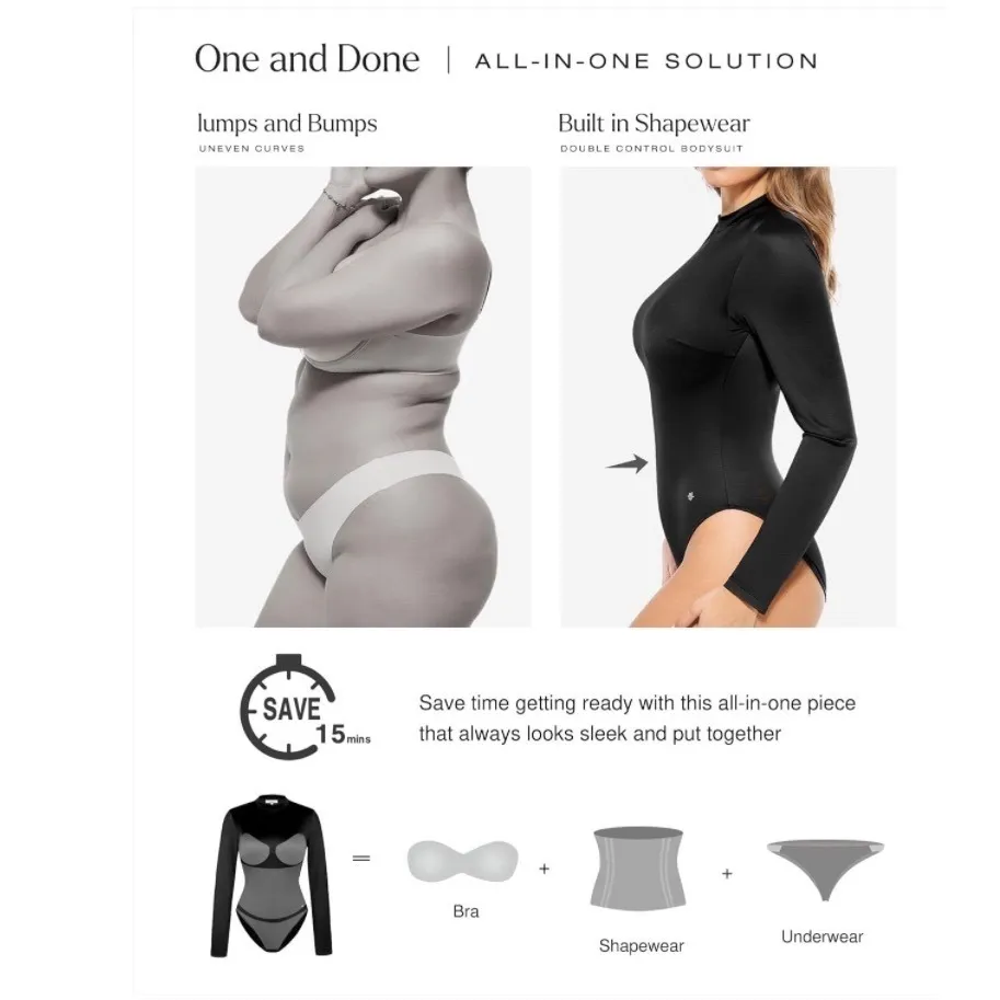 NWT Popilush Black Long Sleeve Mock Neck Shapewear Bodysuit Tummy Control M Size M - Image 3