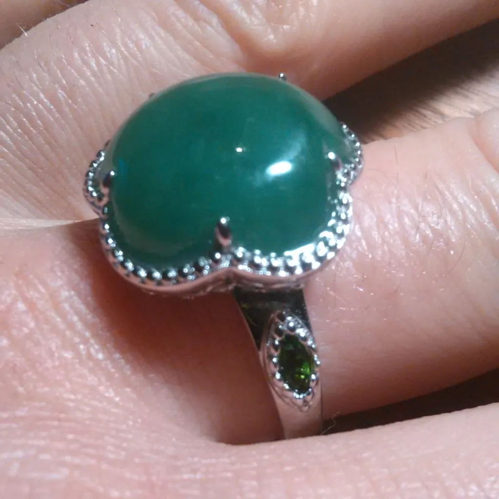 Green Jade and Chrome Diopside Cherry Blossom Sterling Silver Ring (Size 9) - Image 2