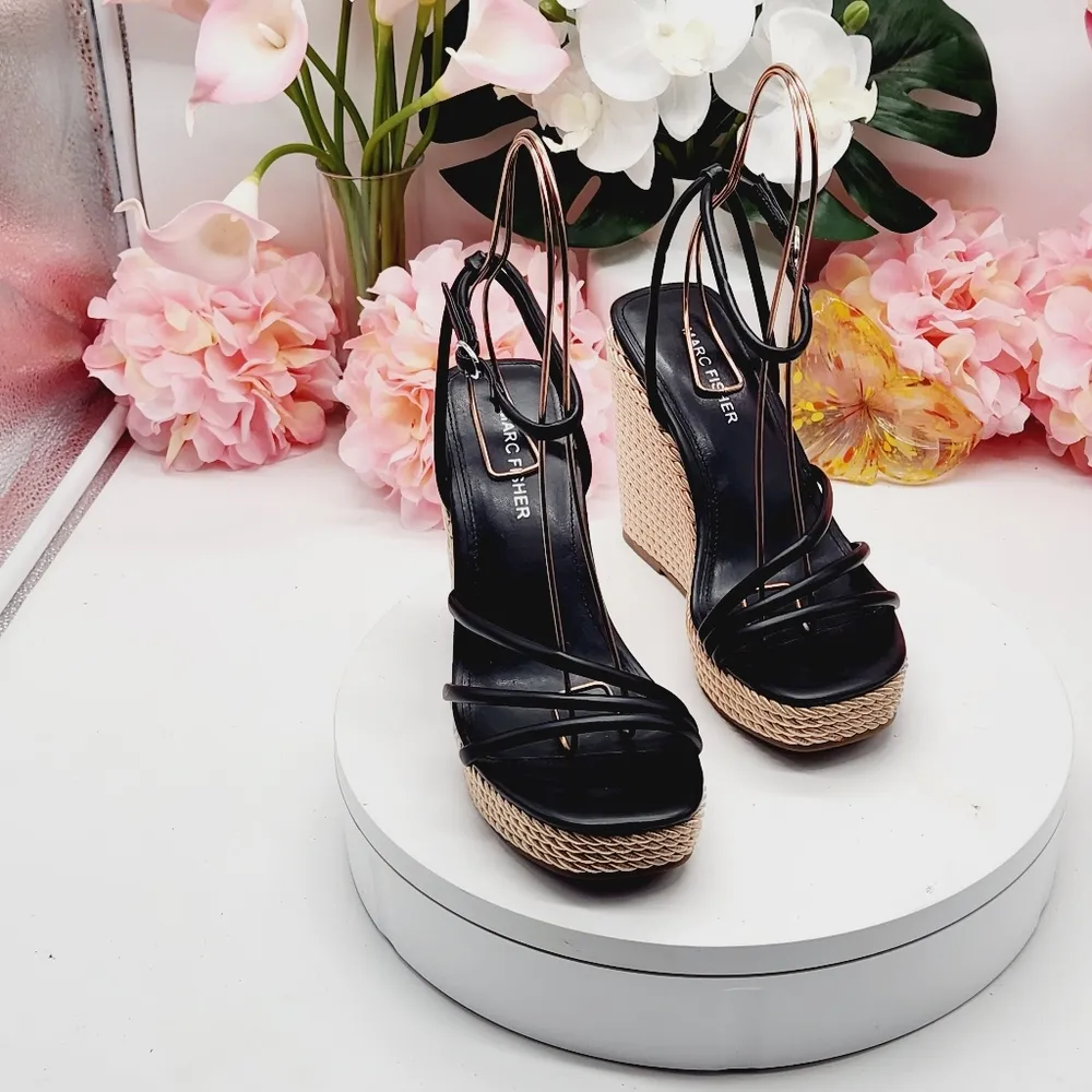Marc Fisher Black Women’s Strappy Espadrille Wedges Size 7M - Image 12