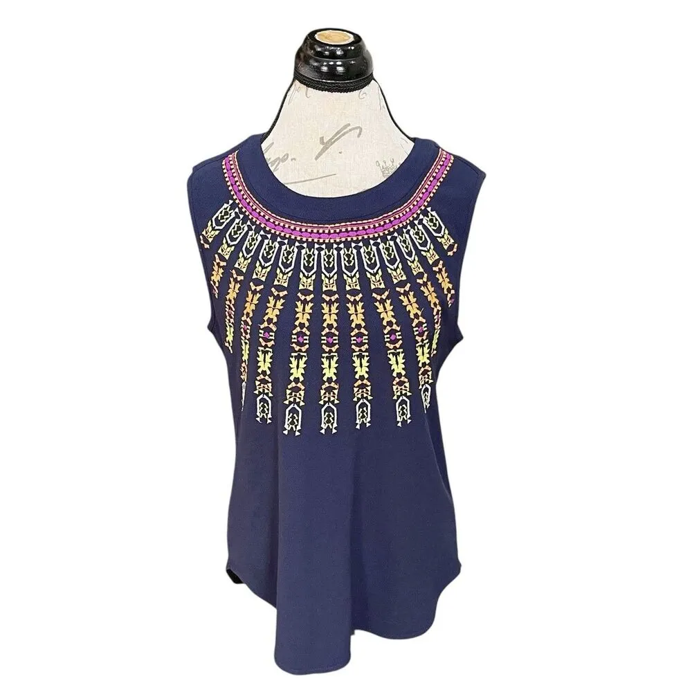 J.Crew Womens Blouse Sz 2 Embroidered Tribal Ethnic Musical Festival Indie Blue - Image 2