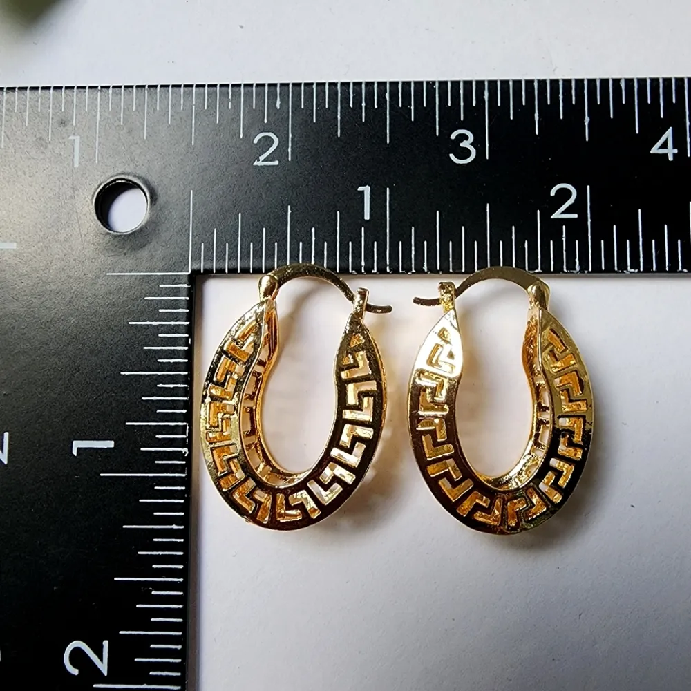 Gold Filled Greek Key Oval Hoop Earrings - Image 4