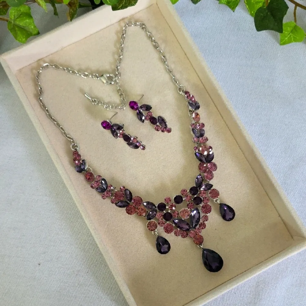 Statement Silver Purple and Pink Crystal Necklace and Earrings Set - Image 2
