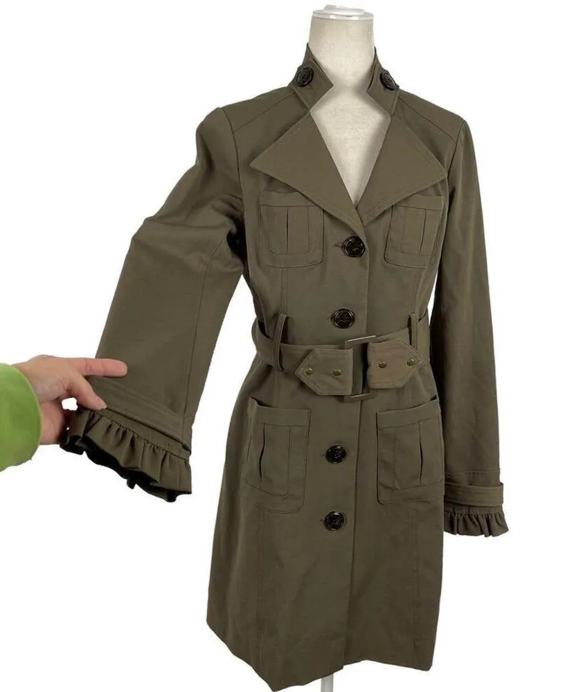 BLANC NOIR Belted Tailored Office Siren Trench Coat Ruffle Cuffs Medium Green - Image 3