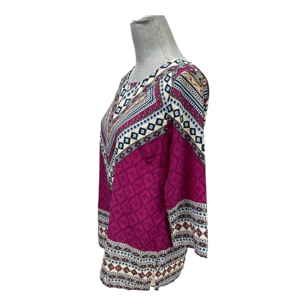 PINK OWL Geometric Tribal Blouse
Multicolor 3/4 Sleeve Scoop Neck Top size M - Image 4