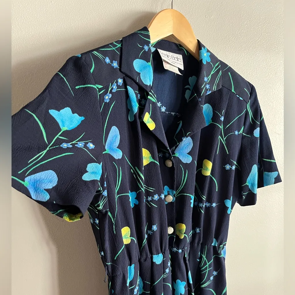 Vintage Leslie Belle Floral Dress Sz 8 Navy Button Front Midi Pockets 80s 90s Blue - Image 5