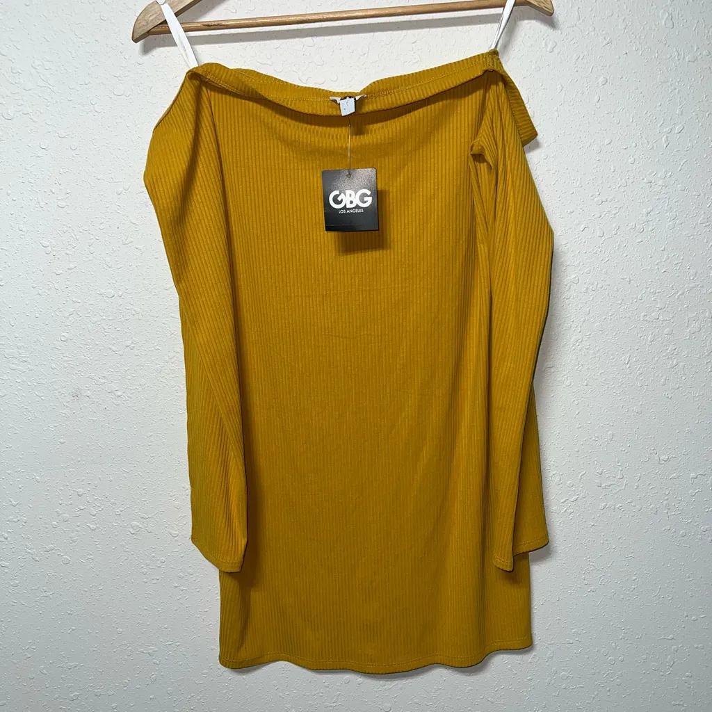 NWT GBG Los Angeles‎ Gold/Yellow Dress Ribbed Off the Shoulder Womens Large Gold - Image 2
