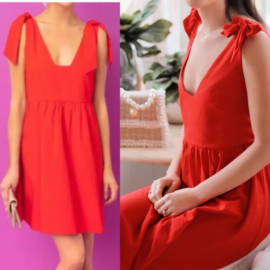 Pomander Place X Tuckernuck Babydoll Tie Shoulder Mini Dress Holiday Red - Image 6