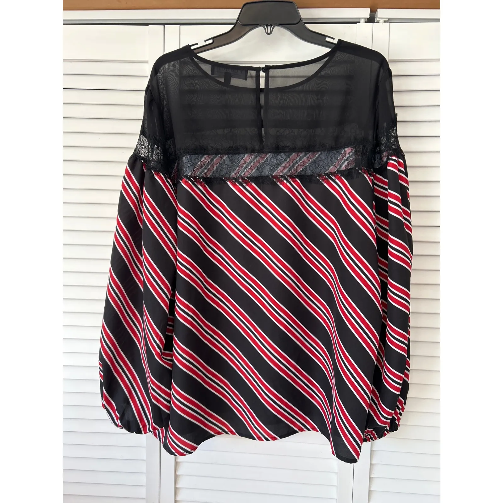ELOQUII Black Red Stripe Lace Sheer Yoke Balloon Sleeve Blouse Top Plus Size 20 - Image 3