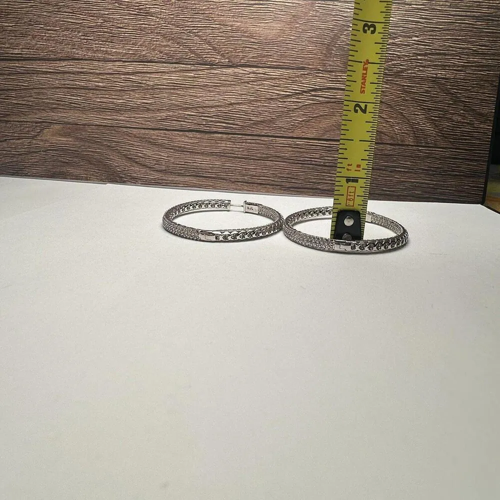 Kenneth Jay Lane Pave Crystal Hoop Pierced Earrings Signed KJL Silver - Image 4