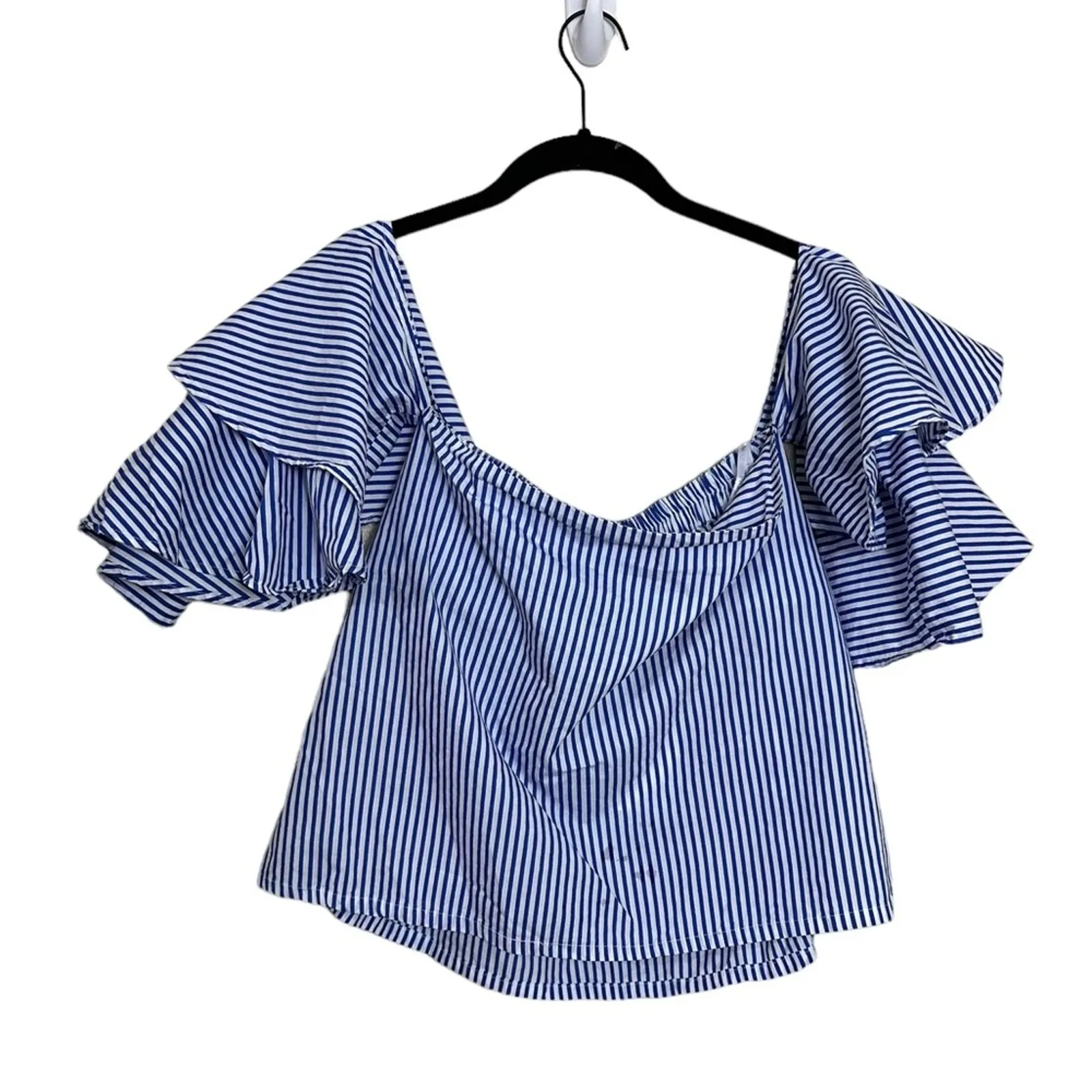 Faithfull the Brand Blouse Blue Cotton Off Shoulder Ruffle Stripe New - Image 6