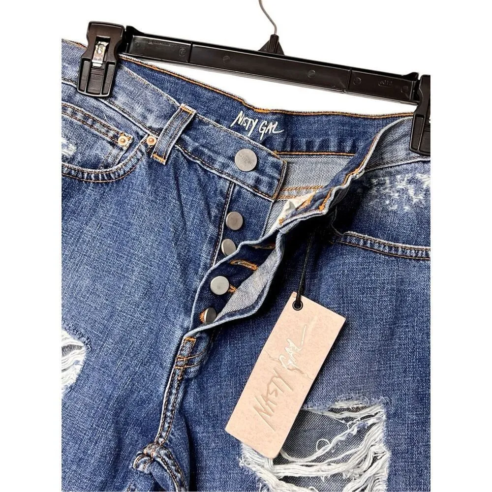 Nasty Gal Blue Button Fly Distressed Ripped Boyfriend Jean Sz 26 Punk Grunge NWT - Image 2