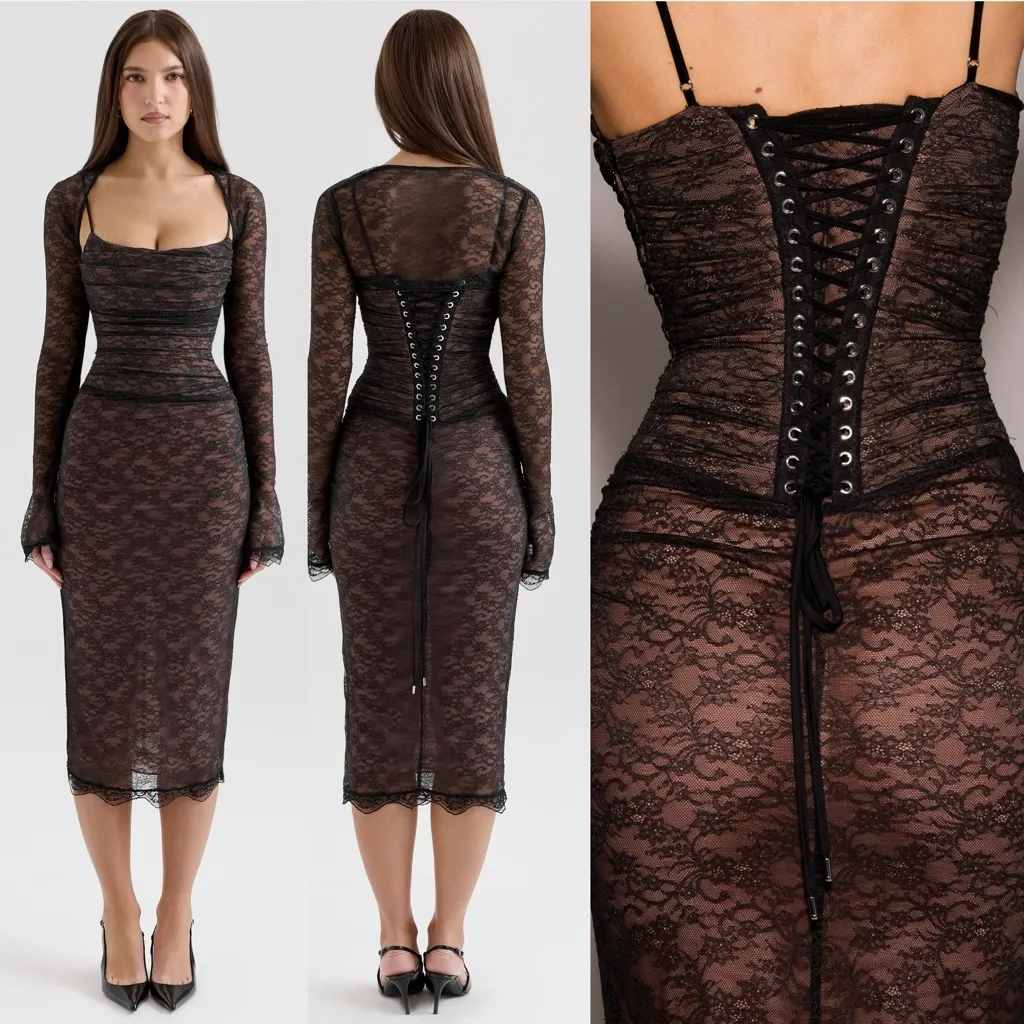 HOUSE OF CB 'Gaia' Black‎ Lace Corset Midi Dress NWOT size S - Image 5