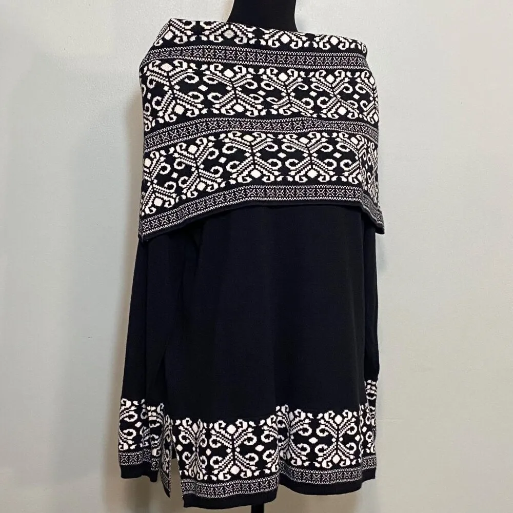 Gina Rossi XL Black Sweater W/ White Pattern & Matching Cowl Neck Scarf - Image 11