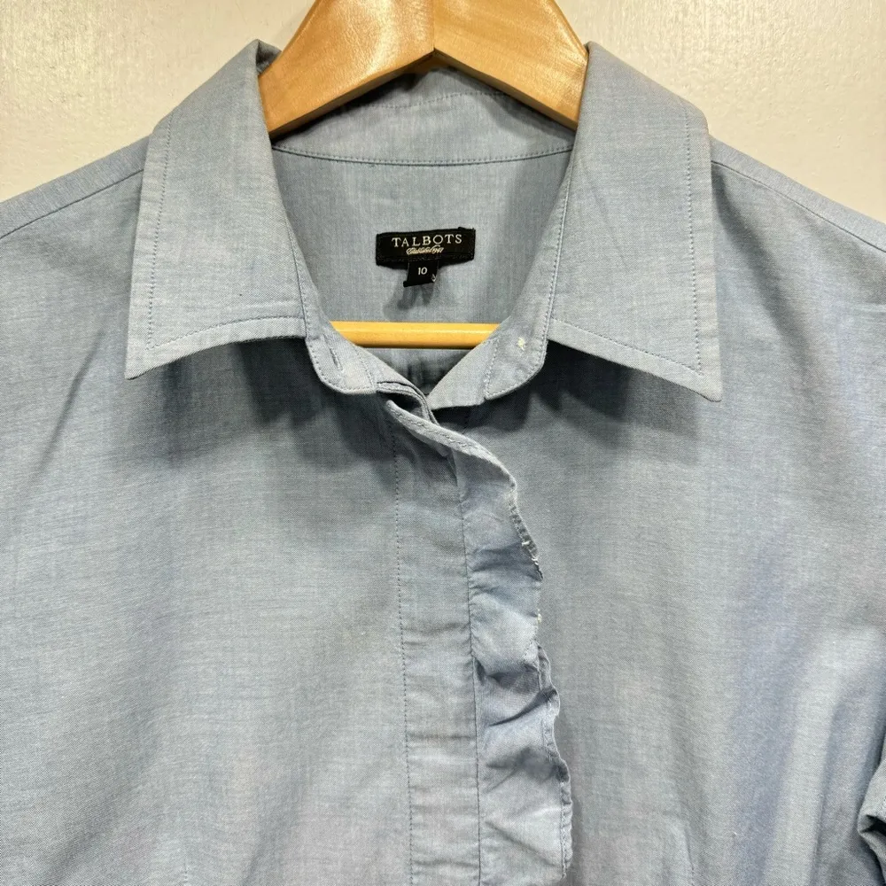 Talbots Blue Chambray Button Front Ruffle Tailored Collared Cotton Shirt Sz 10 - Image 7