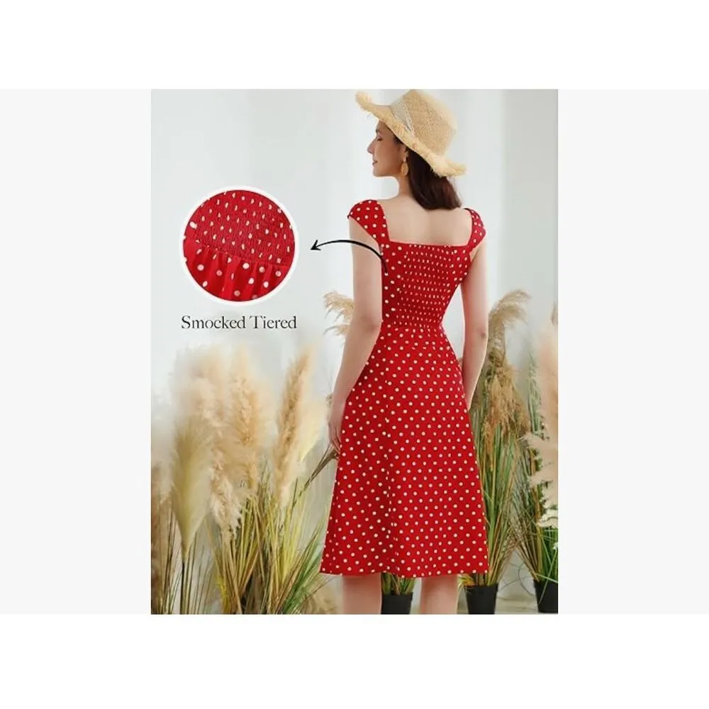 NEW 1950s Dresses Polka Dot Vintage Dress Retro Cap Sleeve Midi Dress XL Blue - Image 5