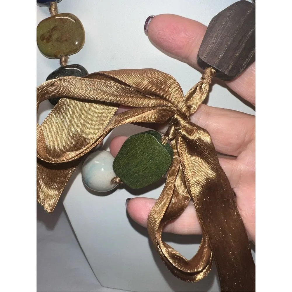 Vintage Large Multi Agate and Gemstone and Wood Beads on Taupe Tie Silk Ribbon Tan - Image 10