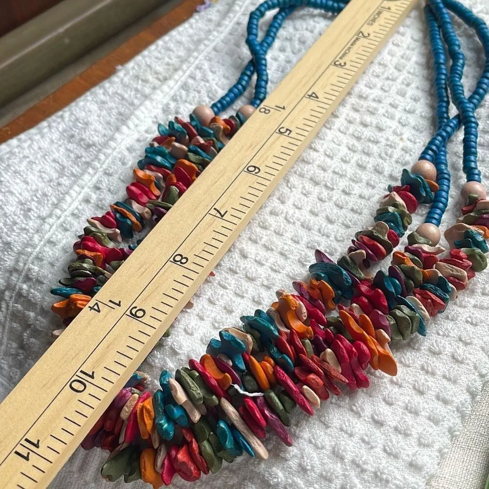 Vintage 3 strand painted stone beaded necklace, boho festival hippie Blue - Image 4