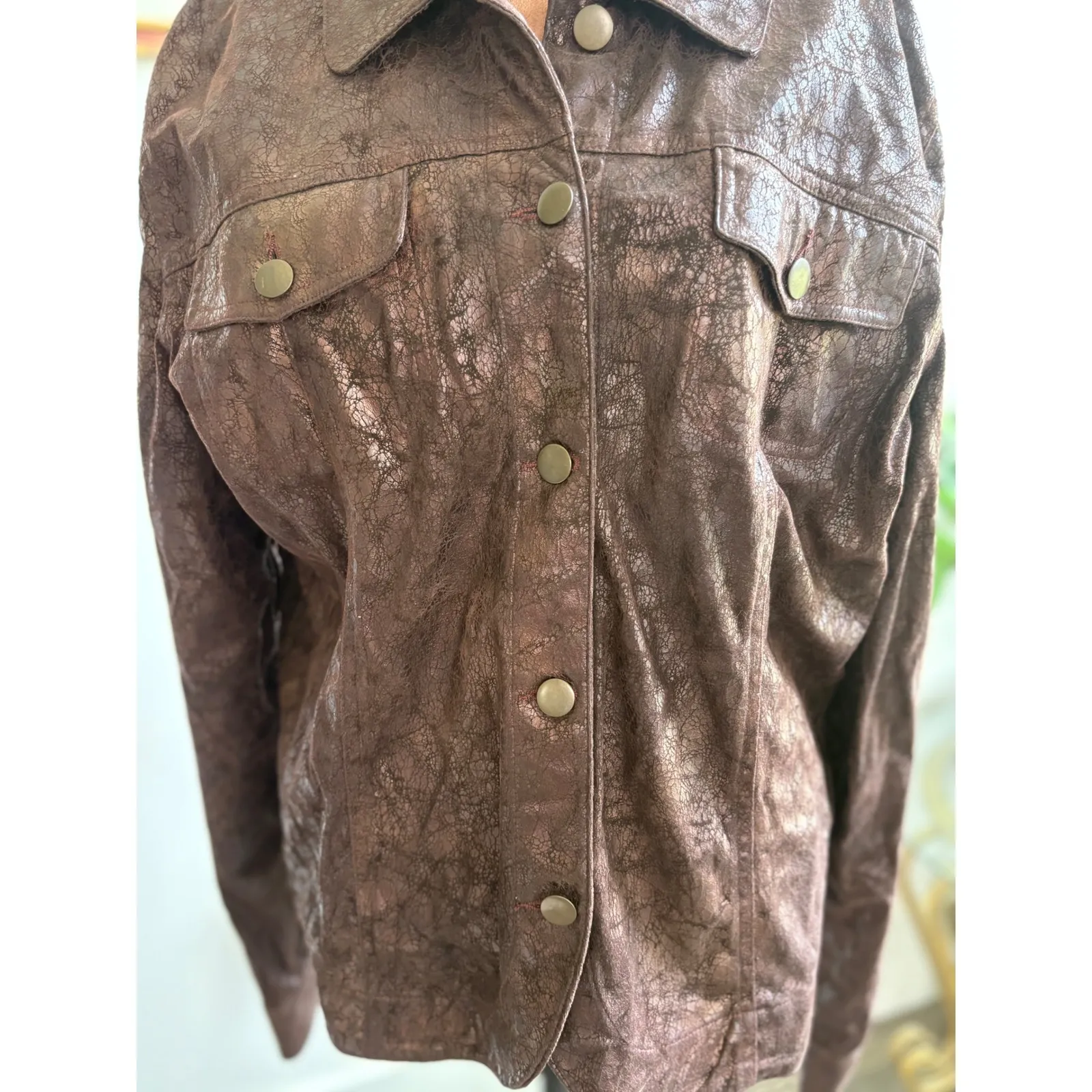 Bamboo Traders Jacket Brown Button Down Shirt Faux Leather Snakeskin Women's Size L - Image 3