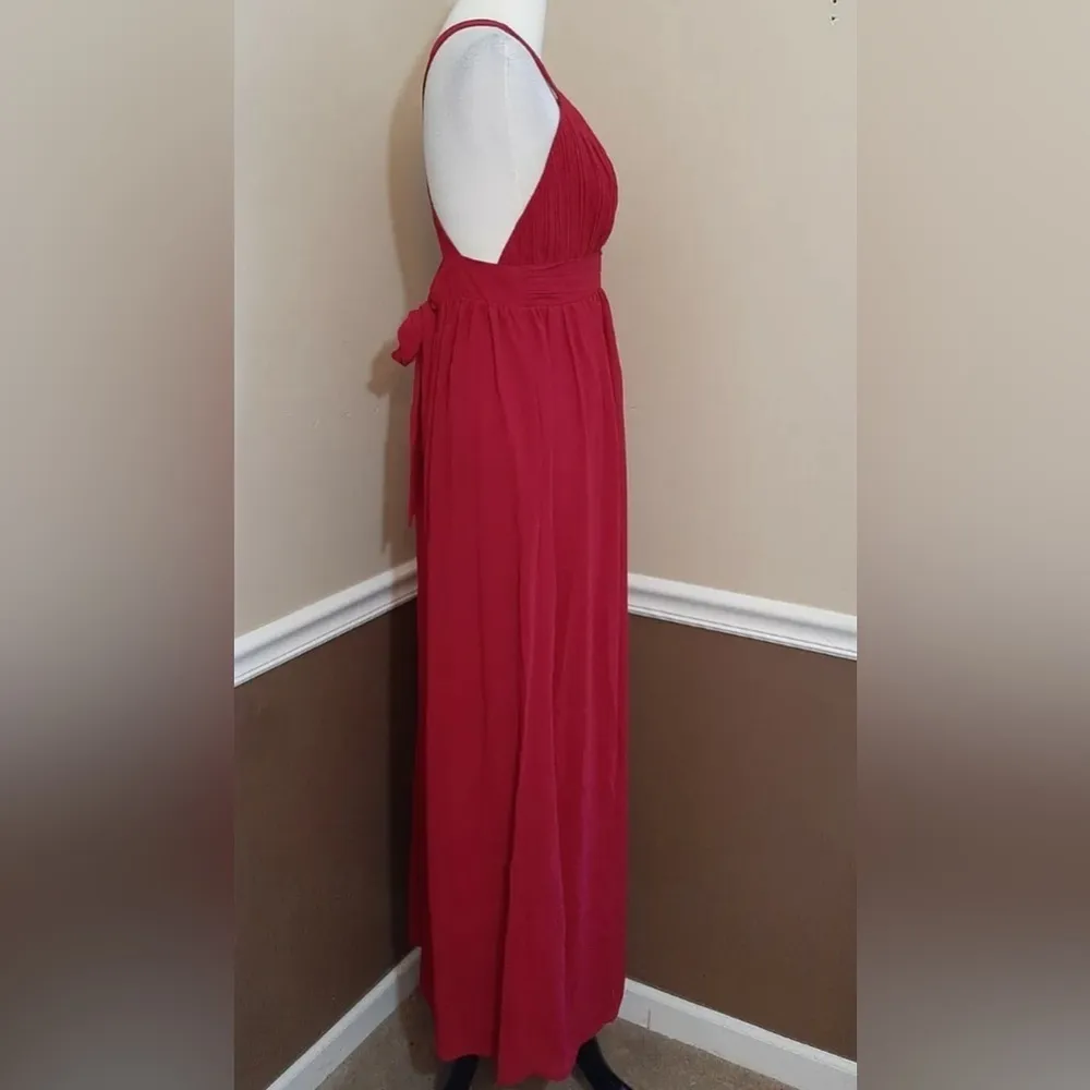 Burgundy Pleated Deep V-Neck Criss Cross Back Modcloth Maxi Dress Gown Medium - Image 7