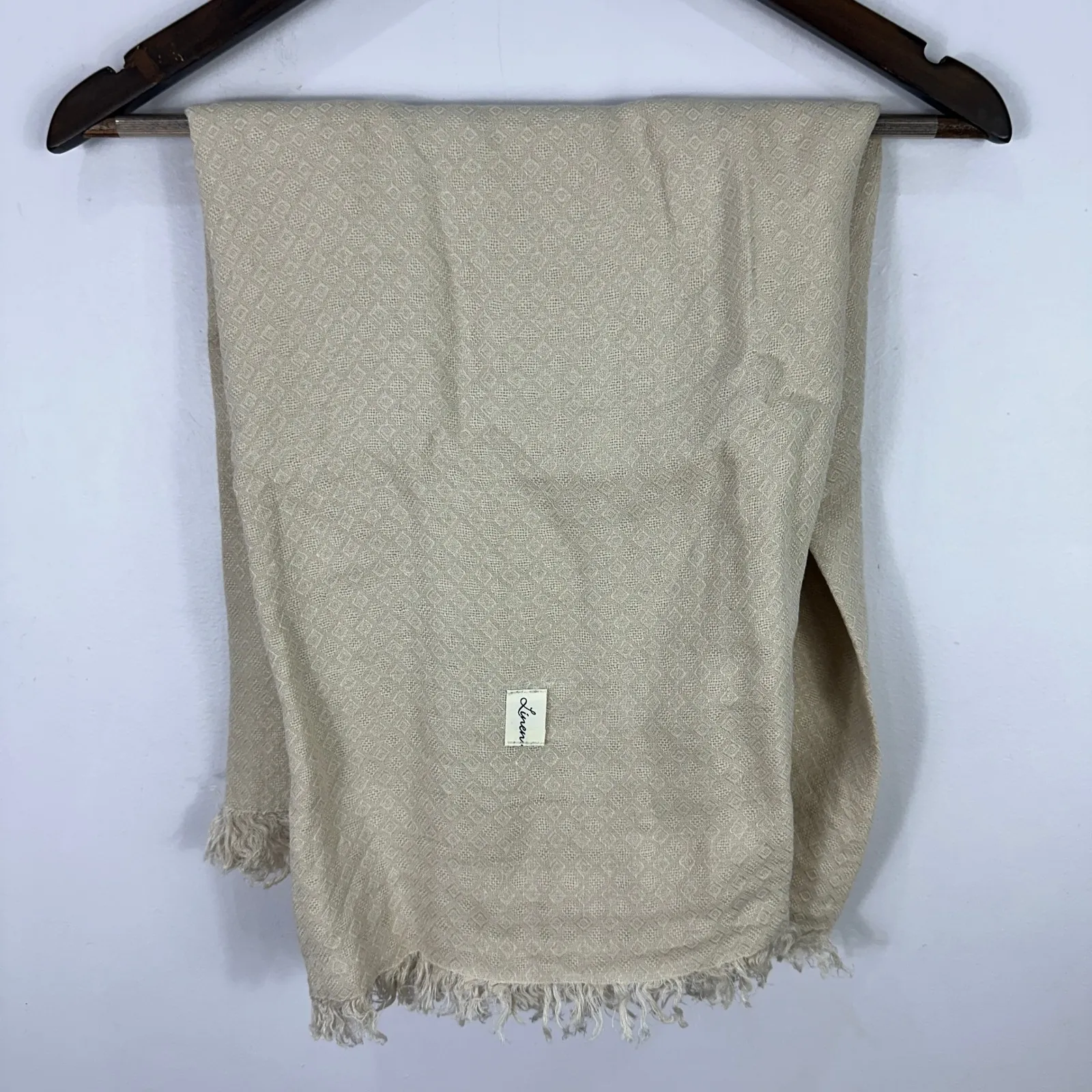 Linen Scarf Beige Jacquard Soft Breathable Lightweight Natural Wrap Fringe Tan - Image 4