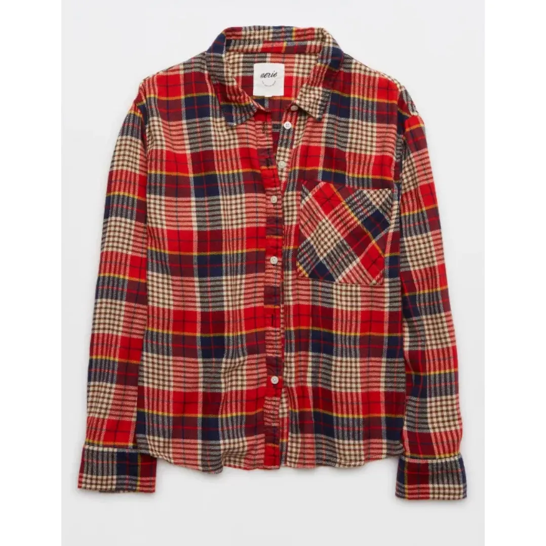 Aerie Top Womens Small Red Plaid Flannel Pajama‎ Button Up Top Soft Cotton Blend - Image 4