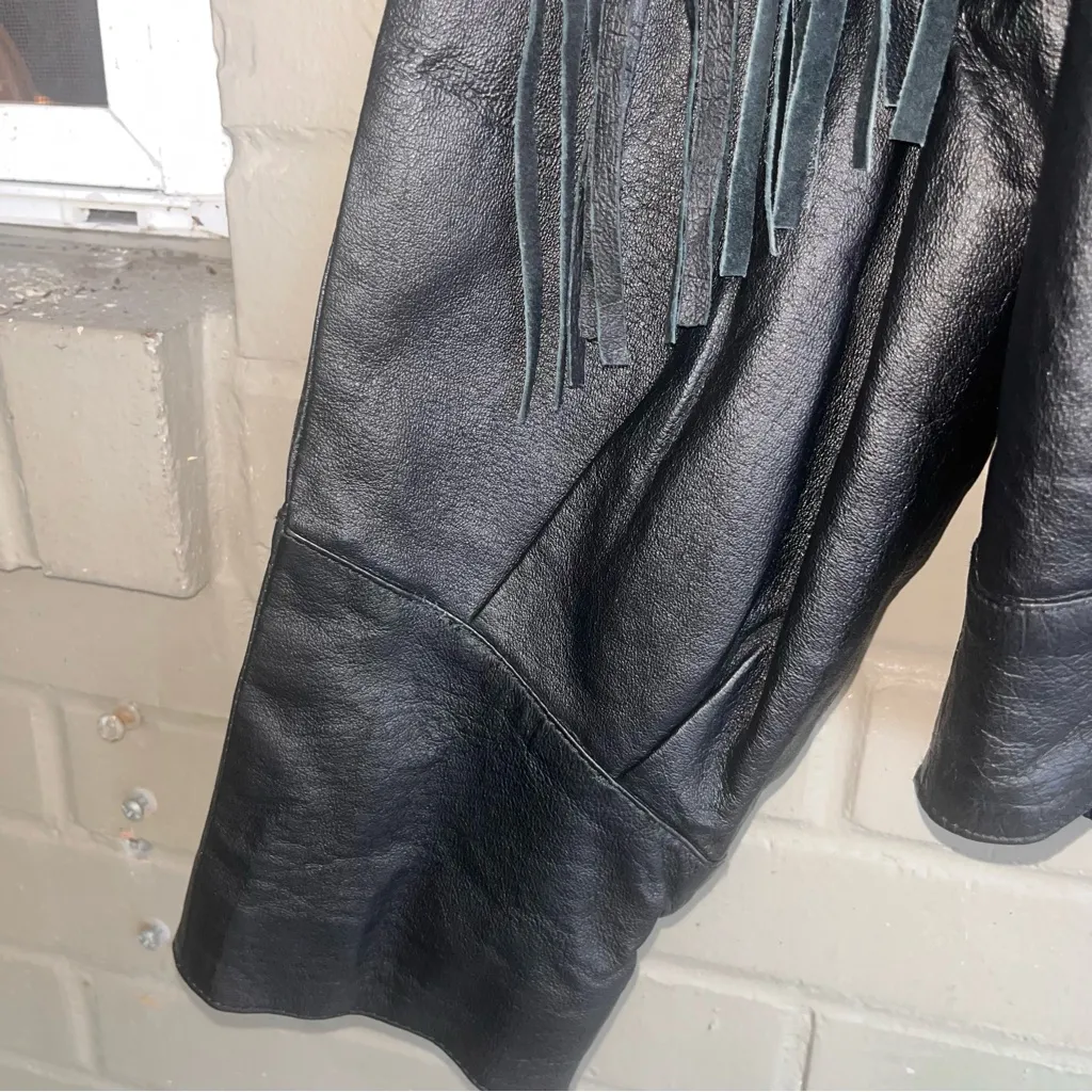 Vintage Cropped Black Leather Studded Jacket with Fringe Fringes Size L Size L - Image 11