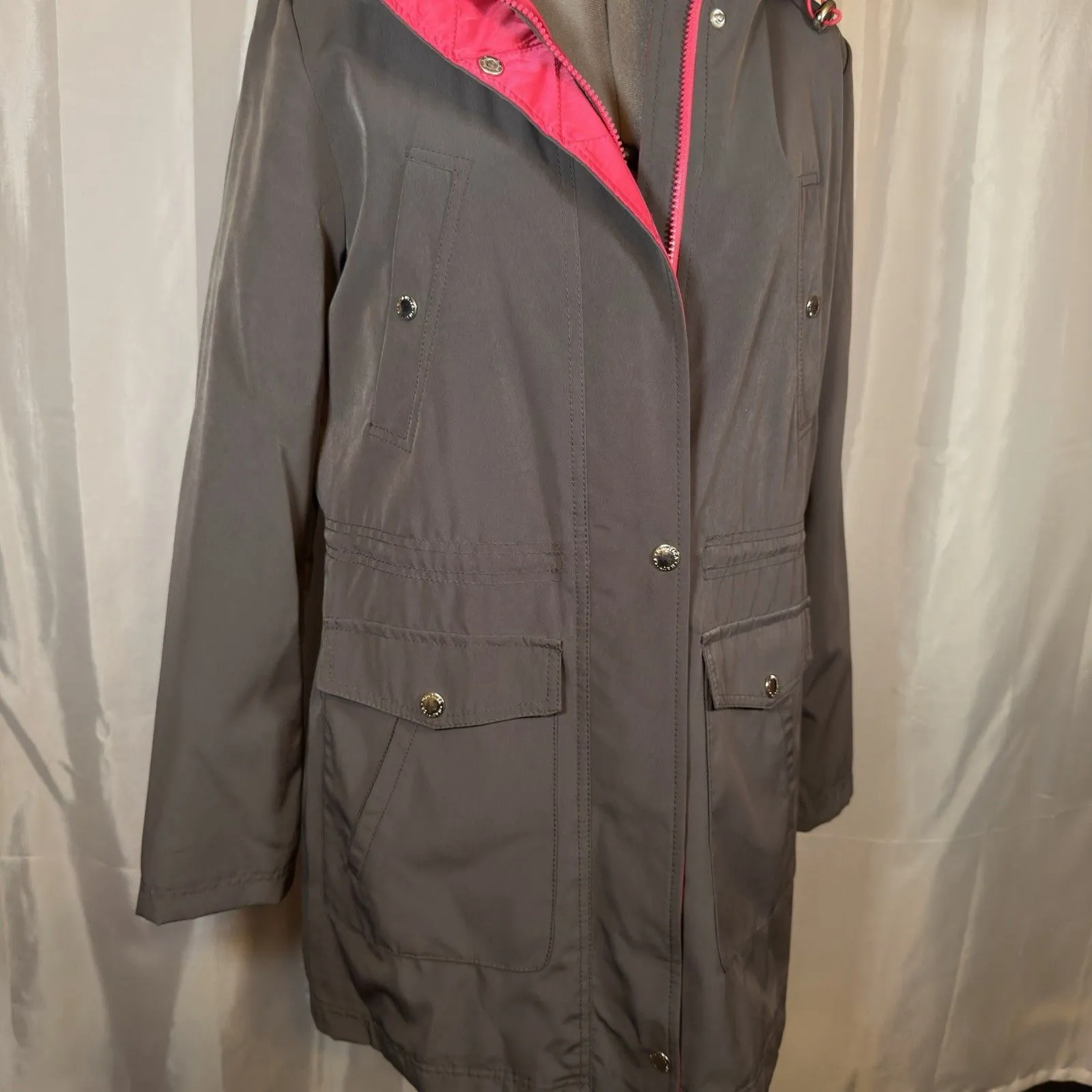 Nautica Womens Gray Water Resistant Jacket Hooded Full Zip Rain Parka Large Line - Image 3