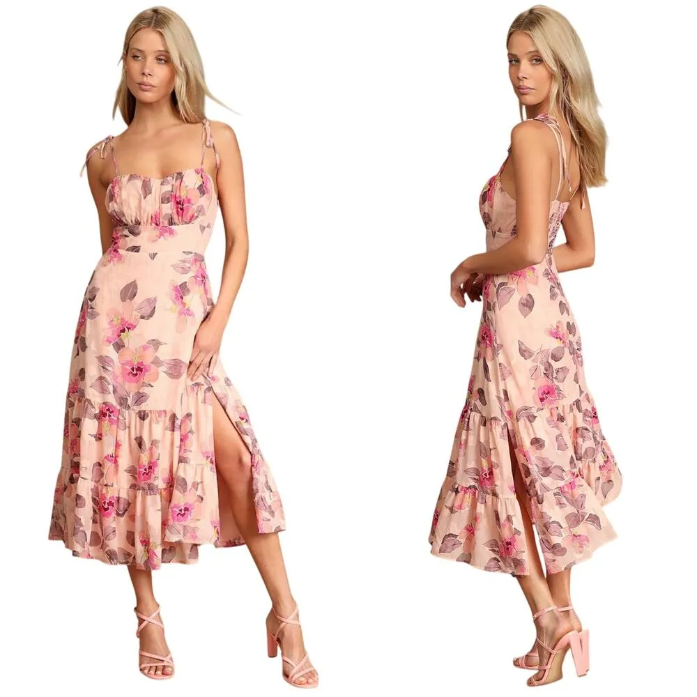 Lulus Tea Party Chic Pink Floral Print Tie-Strap Tiered Midi Dress size Small - Image 2