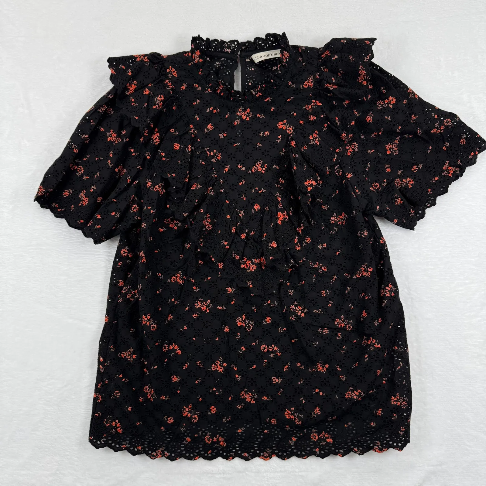 Ulla Johnson Choux top in Noir Floral Eyelet lace Ruffle Neck Flutter Sleeve 2 - Image 1