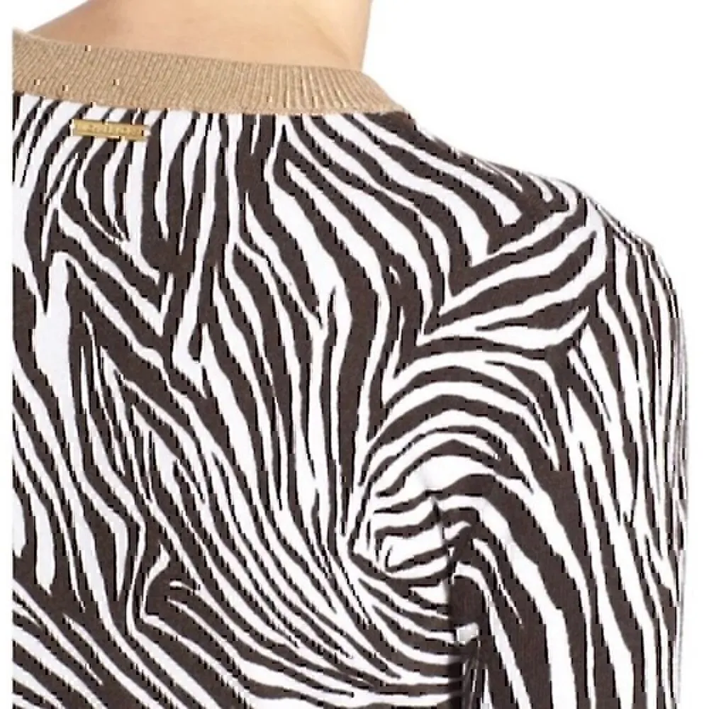 MICHAEL MICHAEL KORS MK Animal Print Metallic Sweater Dress Brown White Zebra M Size M - Image 4