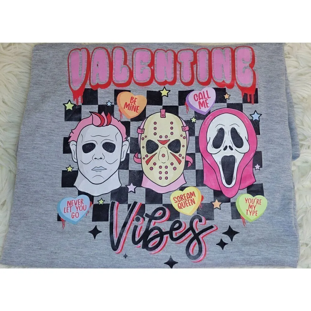 Valentine Vibes Horror Vneck Tee Size XL Ghost Face, Michael Myers, Jason Gray - Image 4