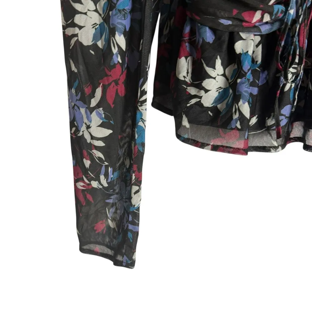 Peter Som Ruched Smocked Tie Sweetheart Long Sleeve Black Floral Peplum Top Sz 2 - Image 11